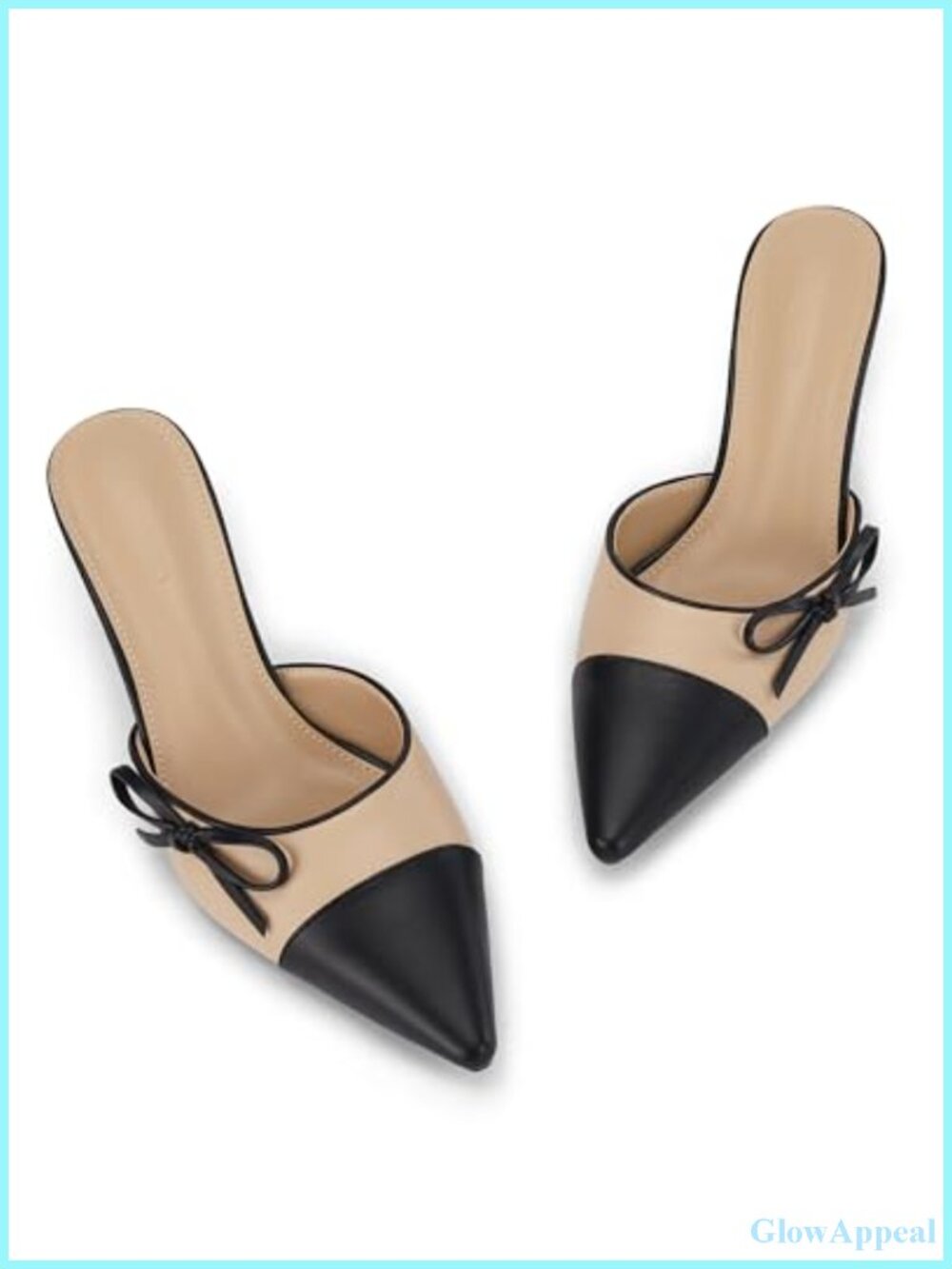 Womens Bow Tie Kitten Heel Mules Two Tone Pointed Toe Slip On Backless